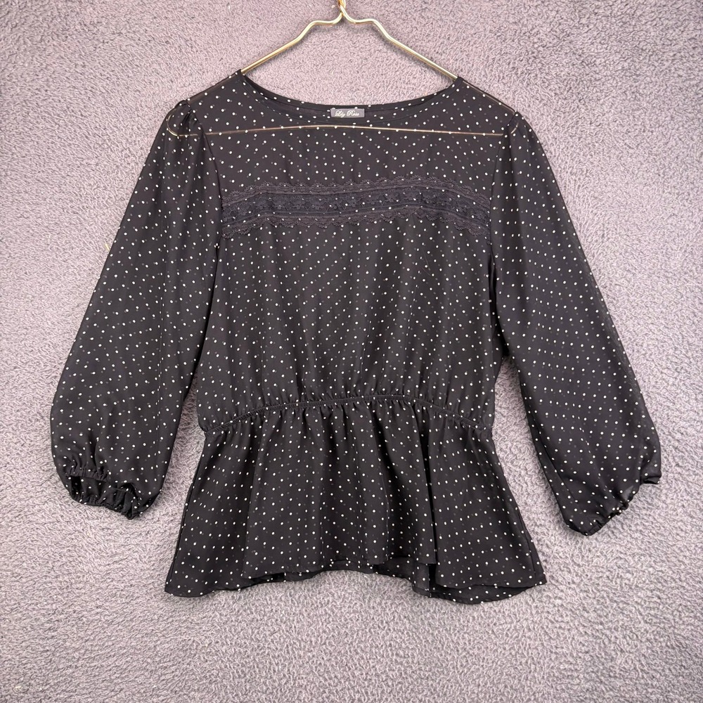 Lily Rose Womens Black Polka Dot Peplum Top Lace Trim‎ 3/4 Sleeve Size Medium